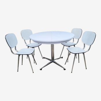 Table ronde et chaises formica blanches, vintage, années 70
