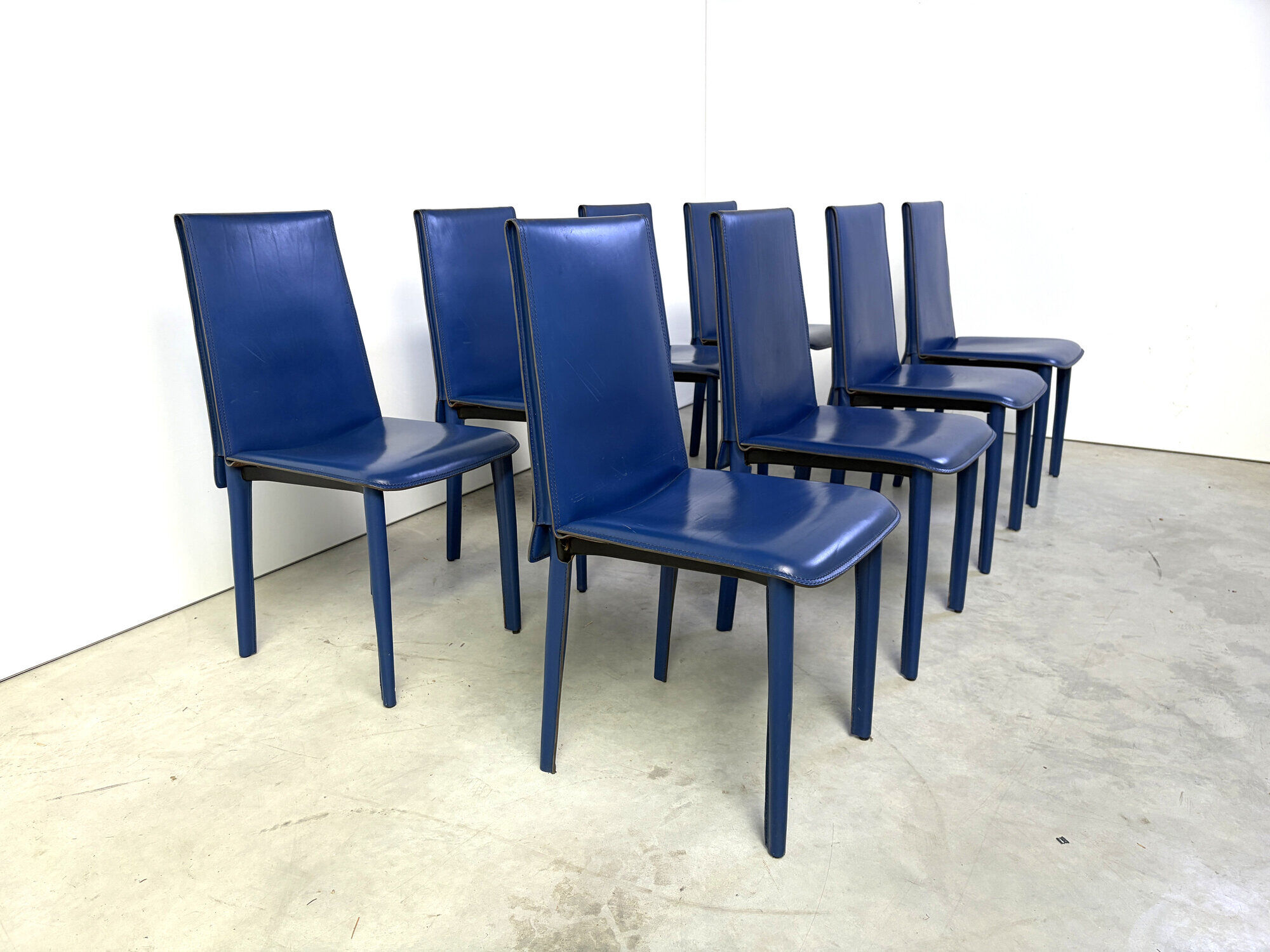 Blue leather dining chairs by Fasem, 1980s - set of 8