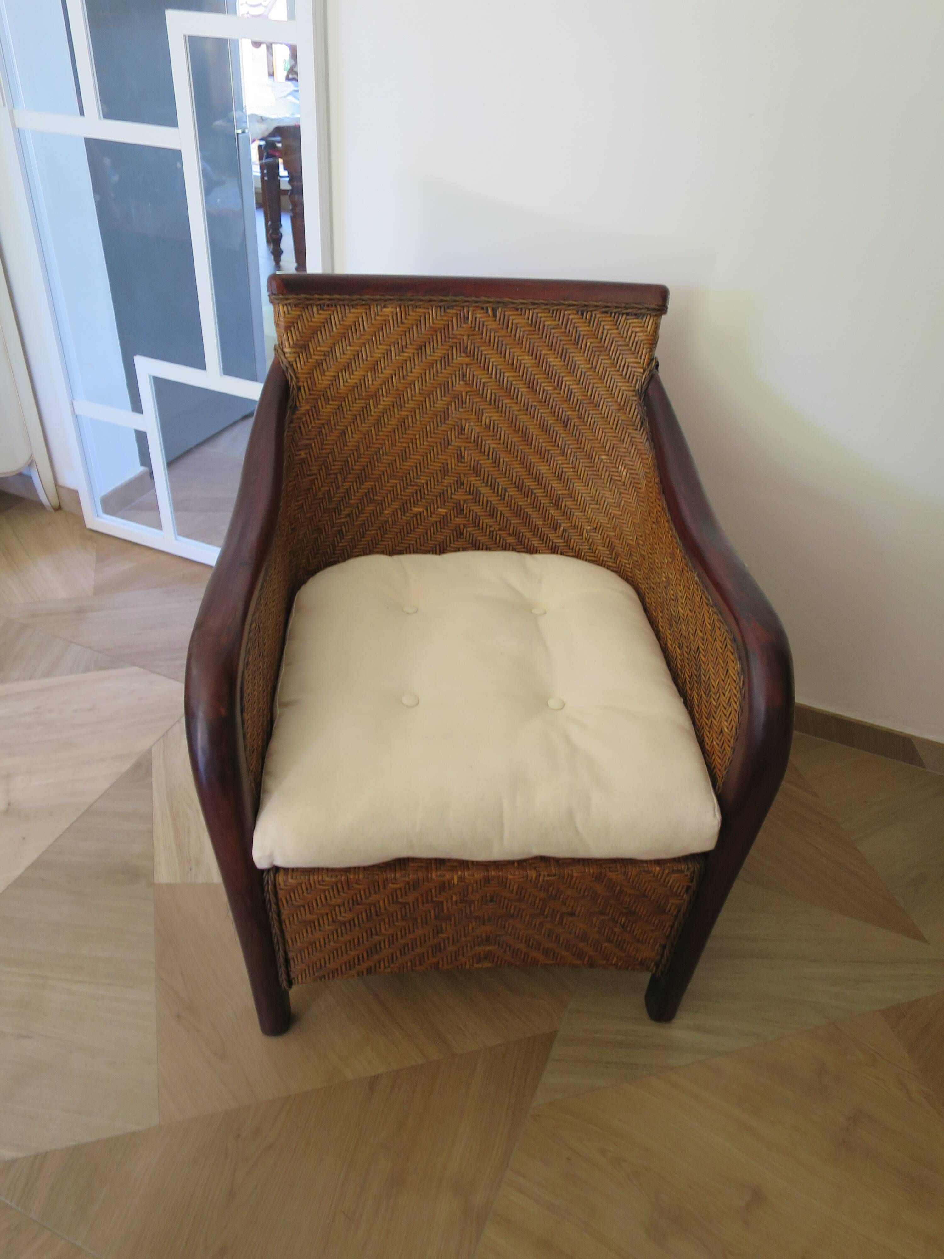 Colonial style armchair - woven rattan and exotic wood - vintage