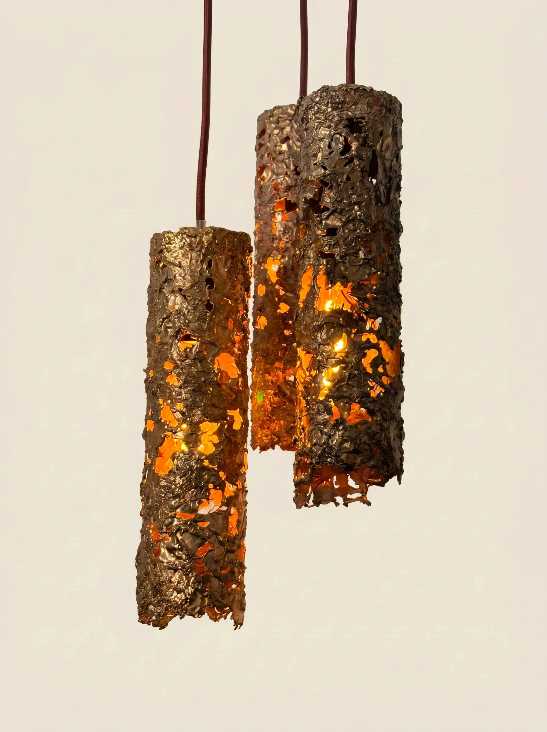 Suspension composed of 3 brutalist copper lamps by Aimo Tukiainen, 1960s.