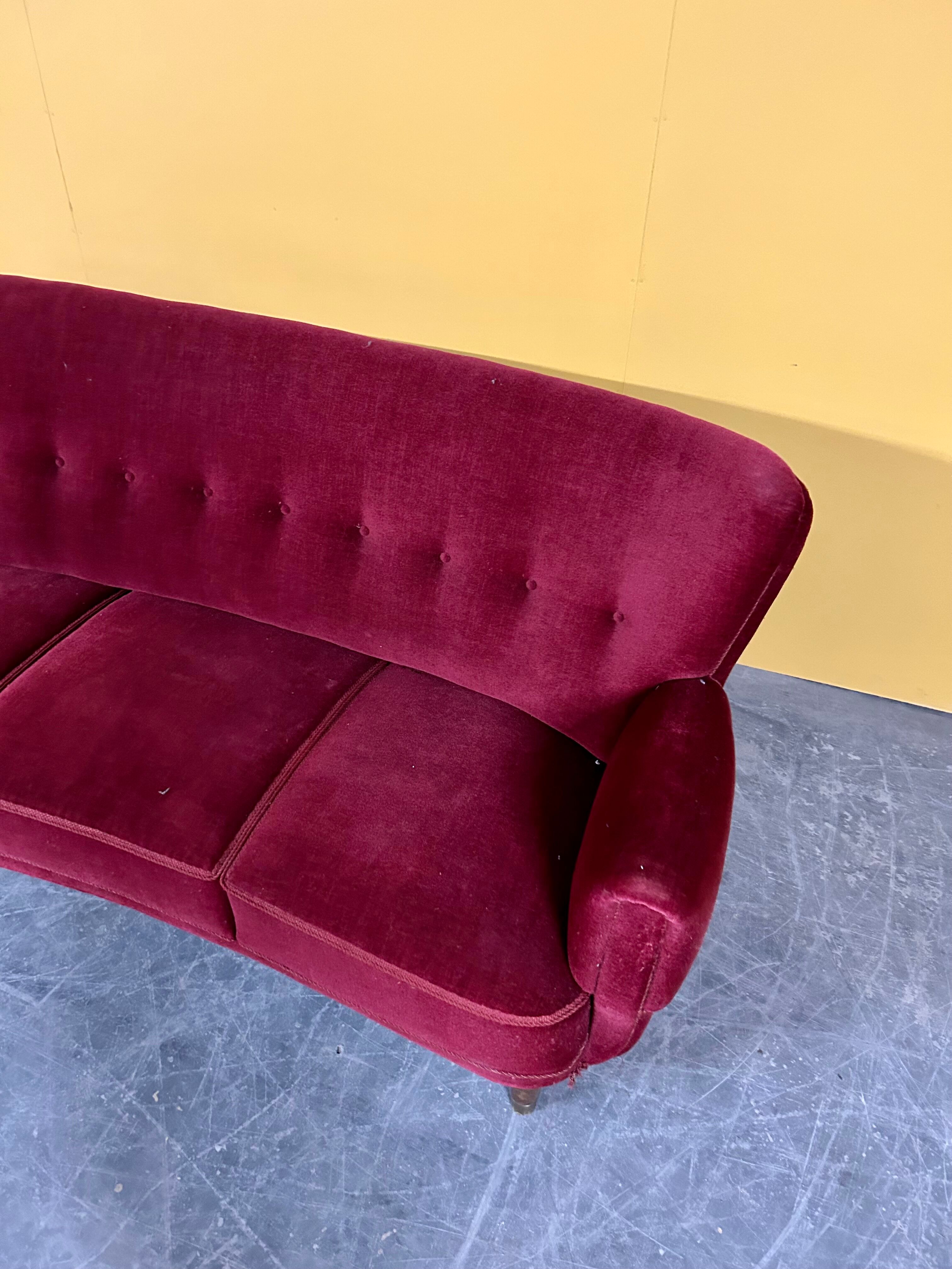Danish 3 seater velvet curved sofa 1940s