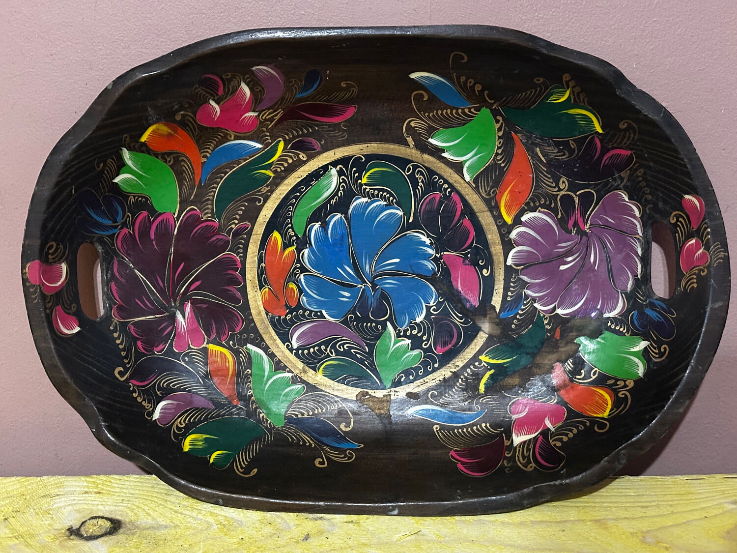 Mid-century hand-painted floral decorative tray / catchall 49 cm / 33 cm
