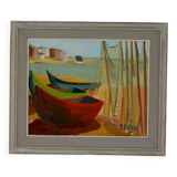 Original Swedish Mid-Century Oil on Panel “Boats and Fishing Nets ” by ALF (Affe) SKAGH (1916-1962)