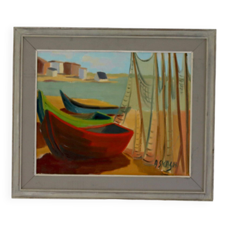 Huile sur panneau originale suédoise du milieu du siècle « Bateaux et filets de pêche » par ALF (Affe) SKAGH (1916-1962)