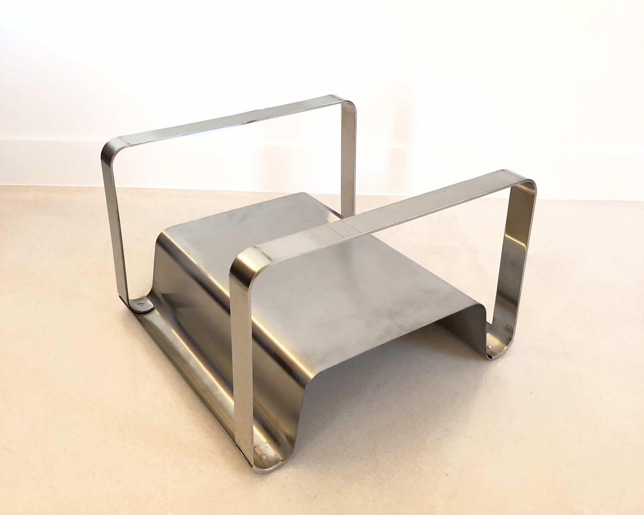 End of sofa, stainless steel magazine rack and mirror glass, France 70s