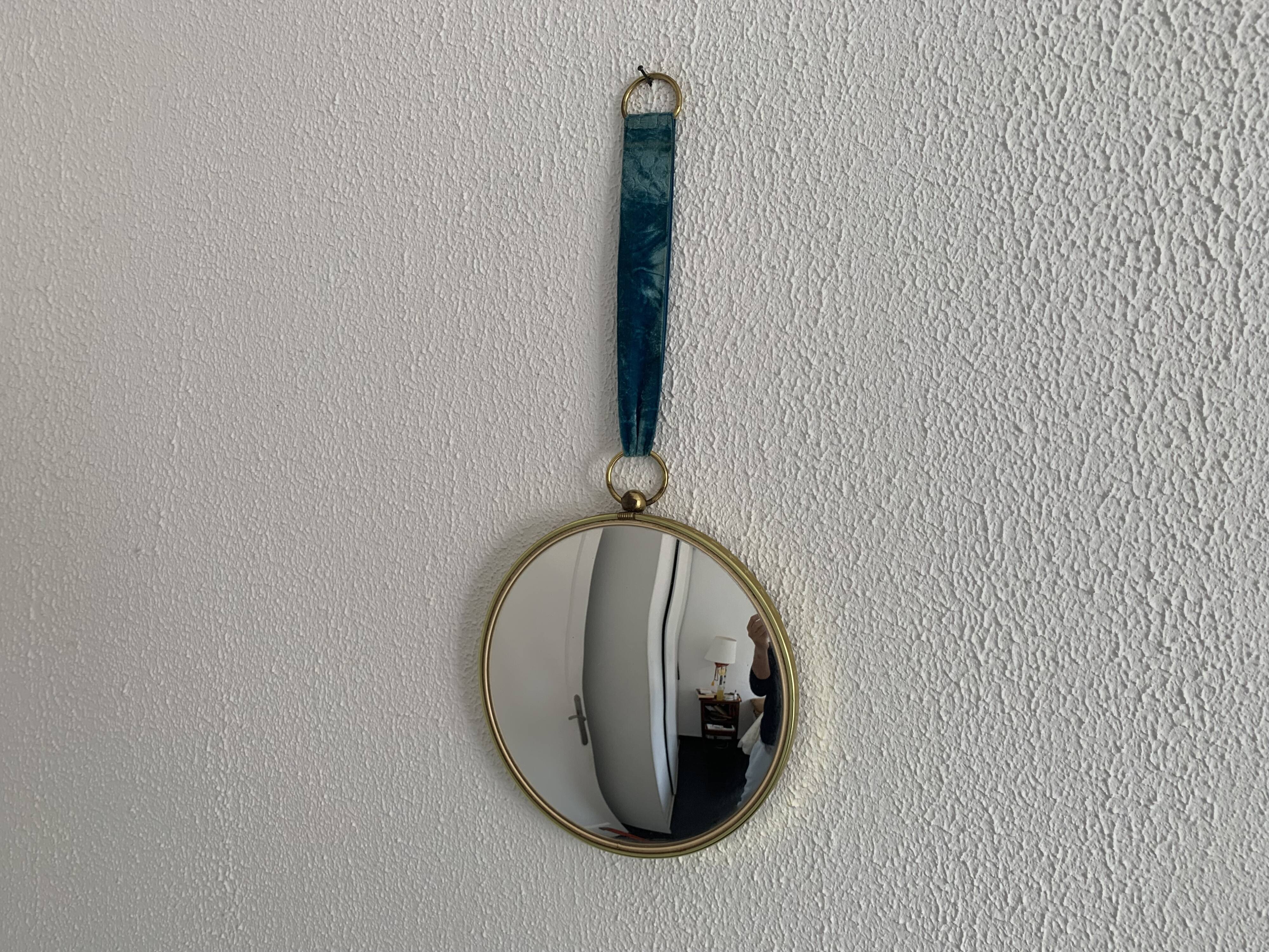 Miroir oeil de sorcière en métal et velours turquoise, 1960