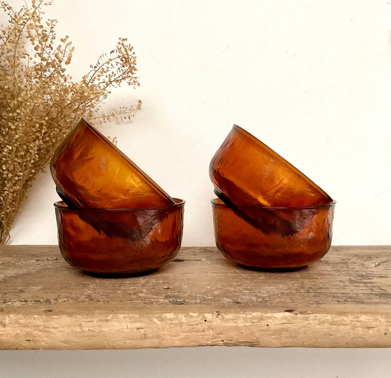 4 amber textured glass bowls