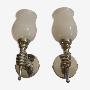 Pair of wall lamps hand torch
