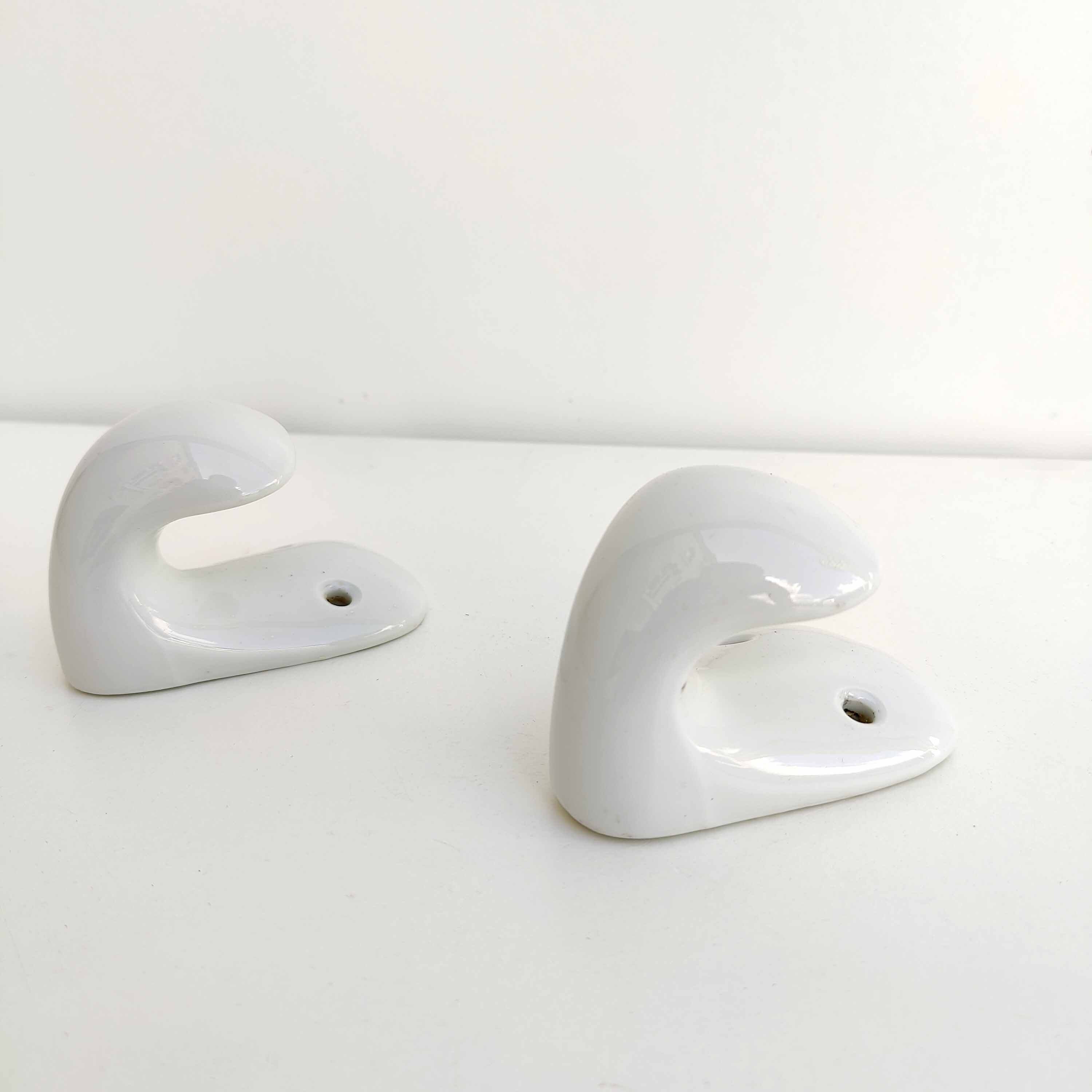 Pair of bathroom hooks or kitchen in white ceramic 1950