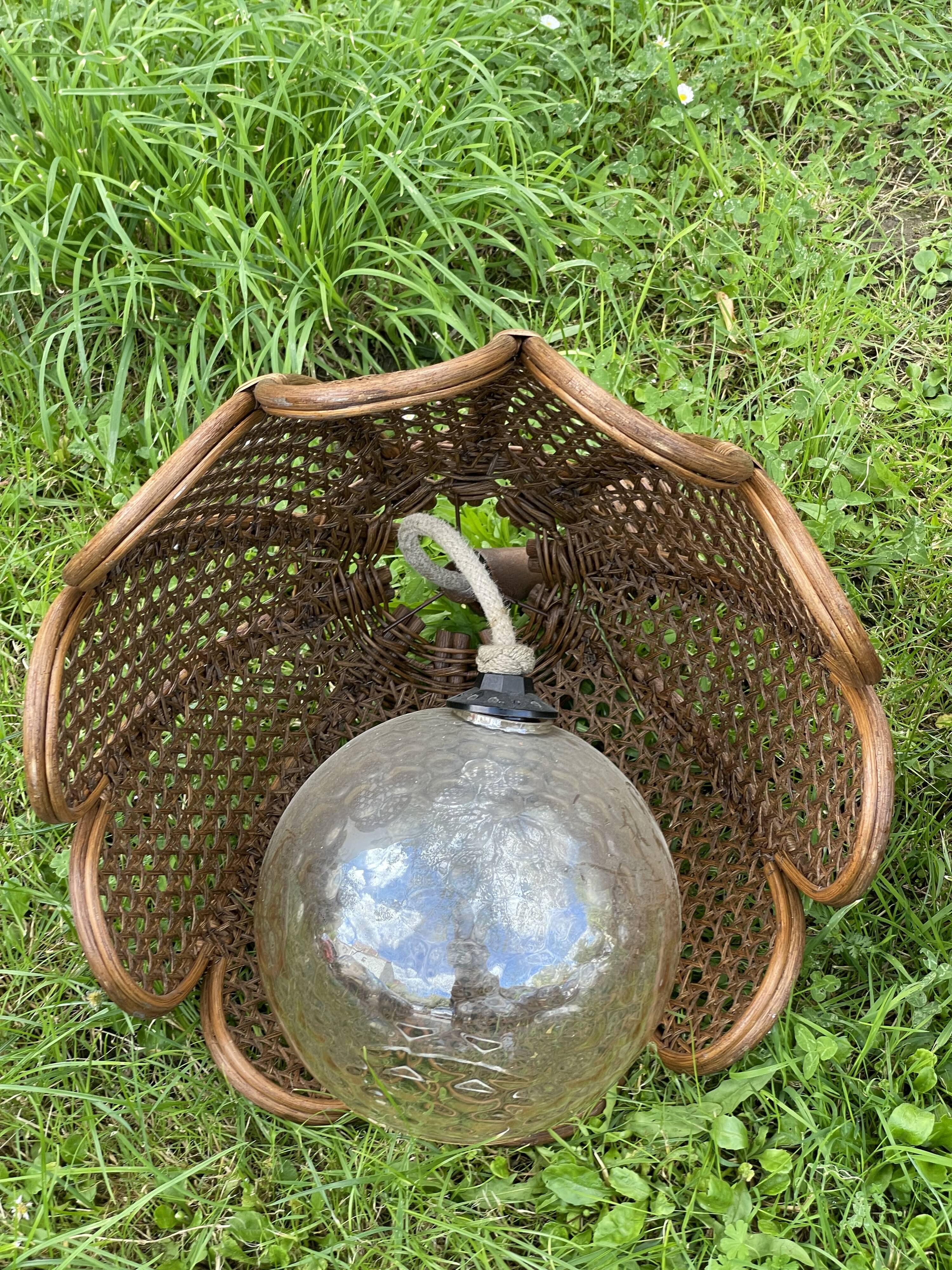 Duo of rattan and glass chandeliers