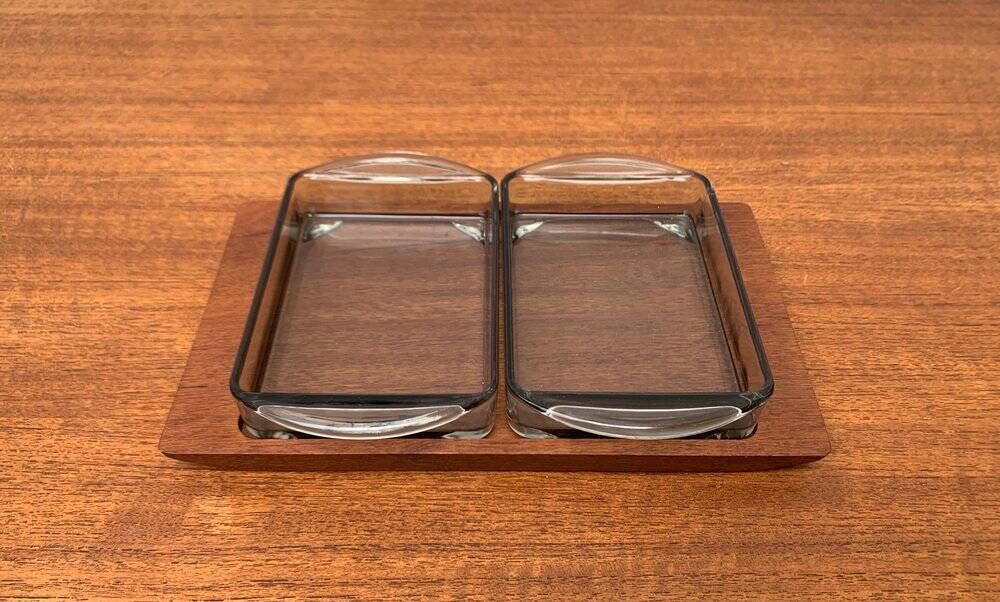 Danish teak plateau from the mid-century by Artiform with glass Cabaret trays from Holmegaard, 1960s, set of 3.