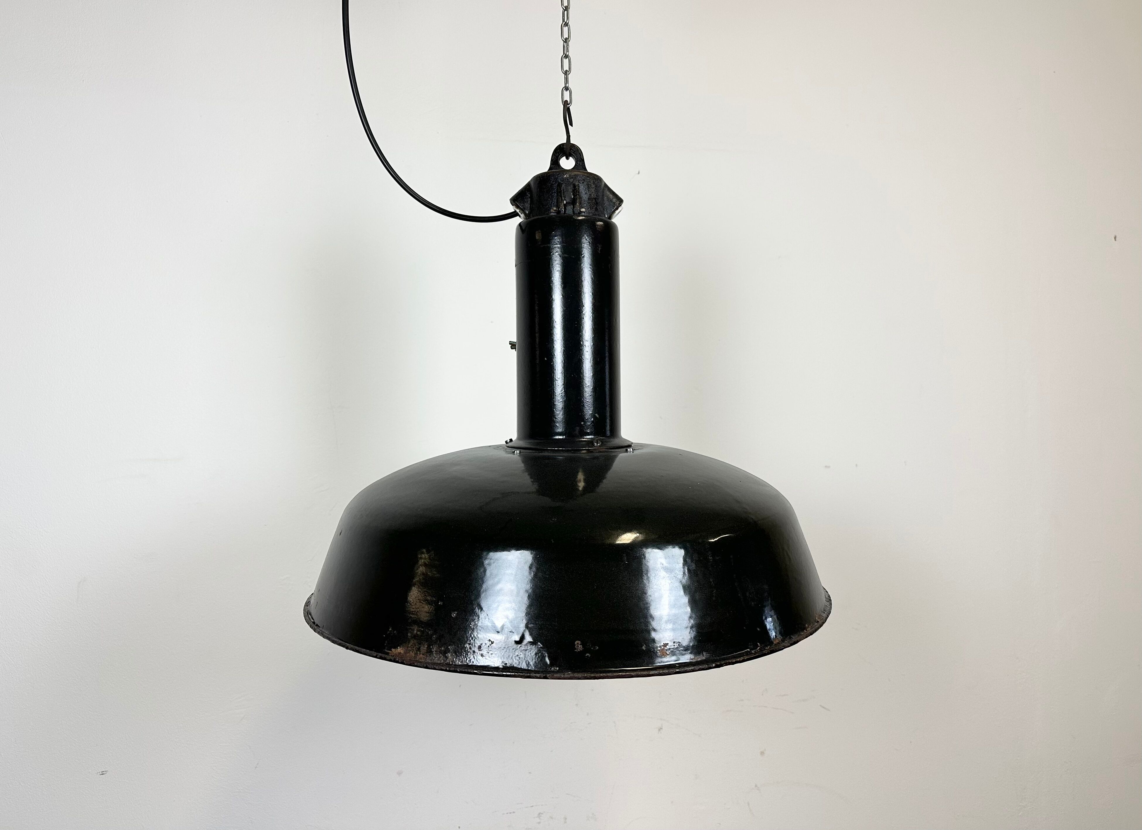 Industrial Black Enamel Factory Pendant Lamp with Iron Top, 1950s