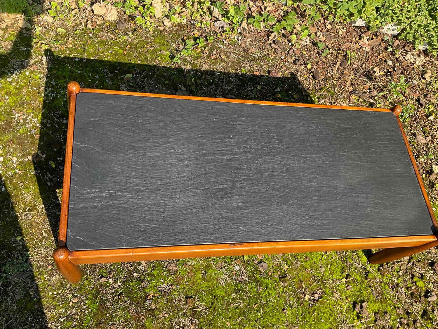 Solid oak and slate coffee table from the 50s-60s