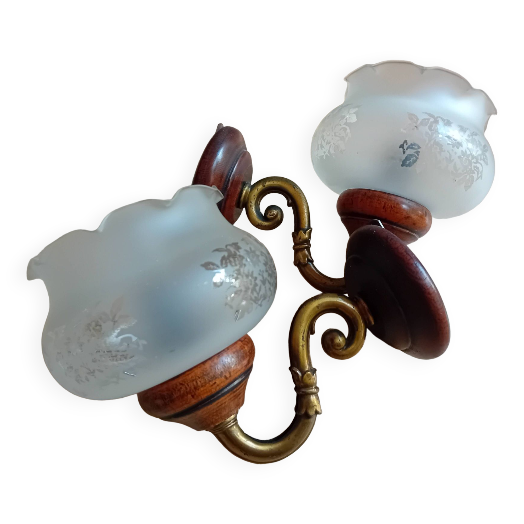 Pair of sandblasted glass, wood and brass wall lights