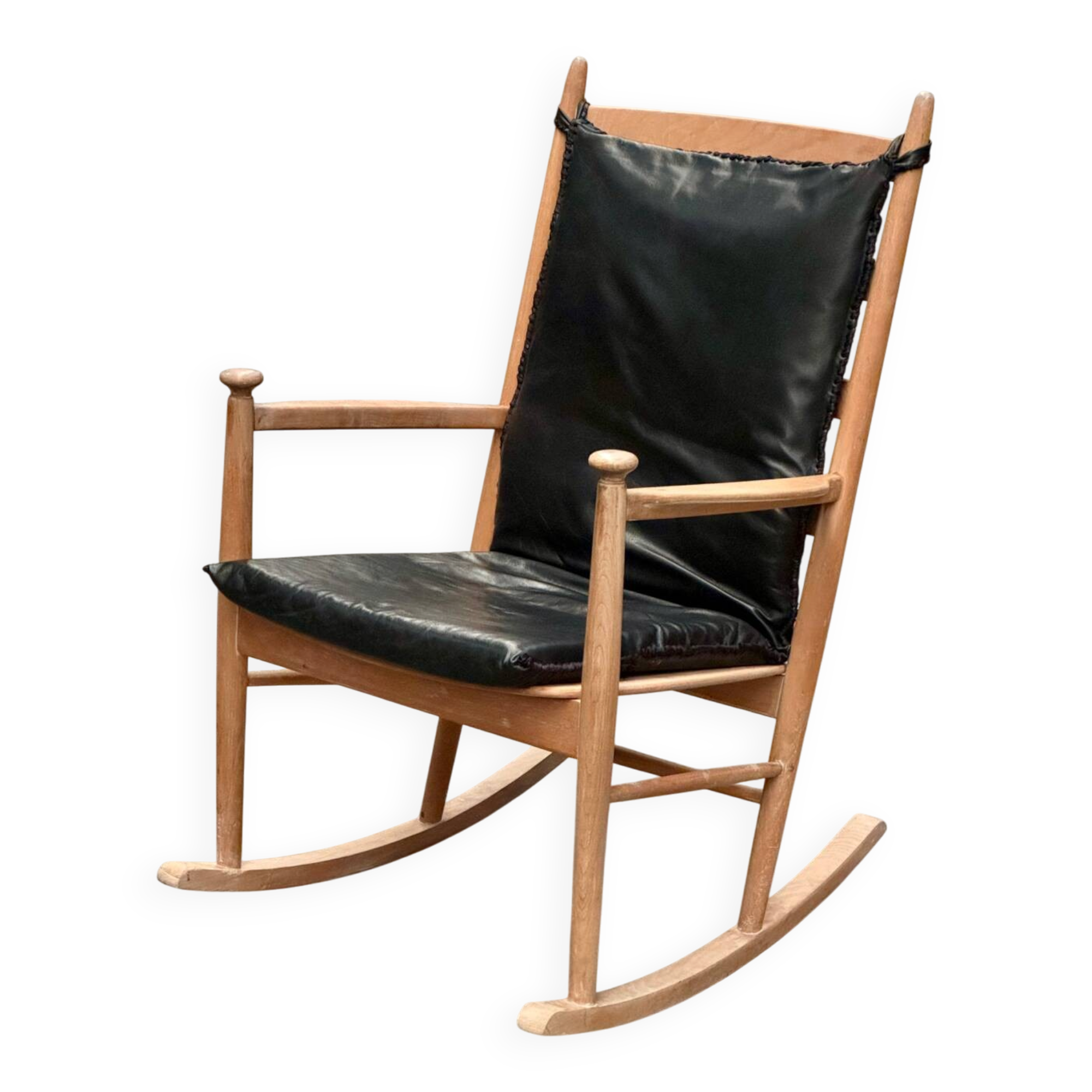 Scandinavian wooden and leather rocking chair