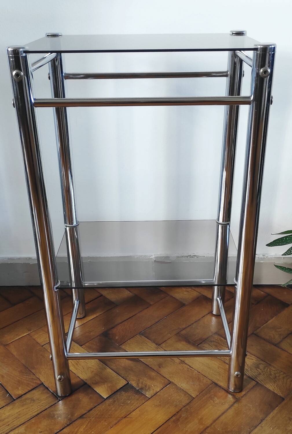 Sellette / Table d'appoint vintage Yves Boutboul - Métal chromé & verr