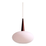 Scandinavian pendant light in teak and white opaline, Louis Kalff, Philips, 1960.