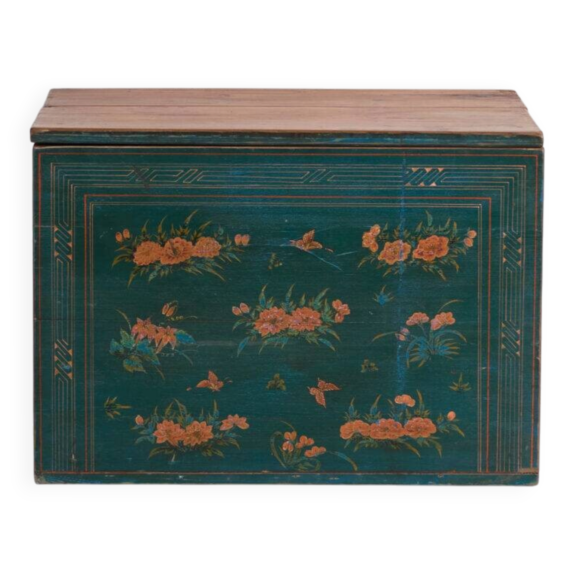 Coffre ancien polychromé en bois de pin – Chine, vers 1900