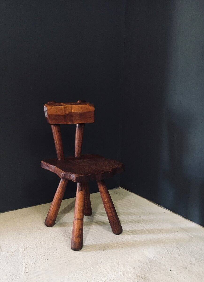 Rustic Alpine Hand-Carved Oak Chair, France, 1920s