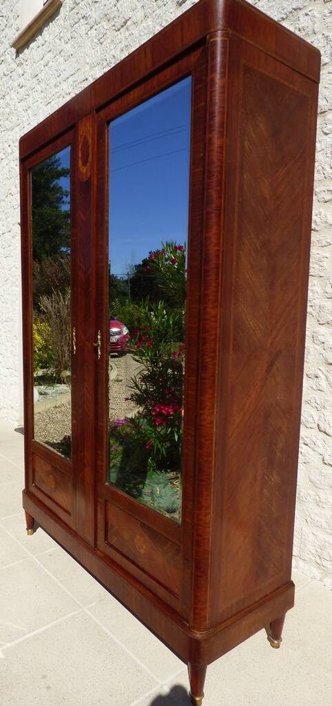 Old wardrobe with marquetry 2 mirror doors