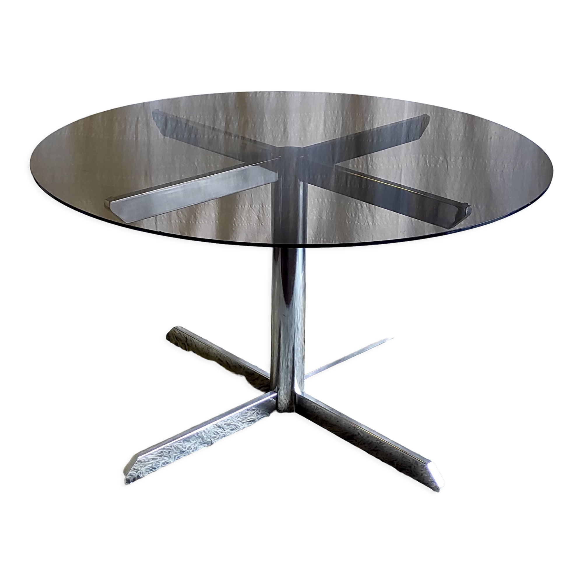 Roche Bobois dining table design chromed metal and smoked glass – 70s