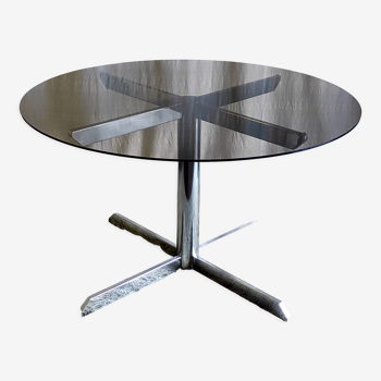 Roche Bobois dining table design chromed metal and smoked glass – 70s