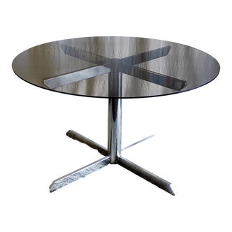 Roche Bobois dining table design chromed metal and smoked glass – 70s