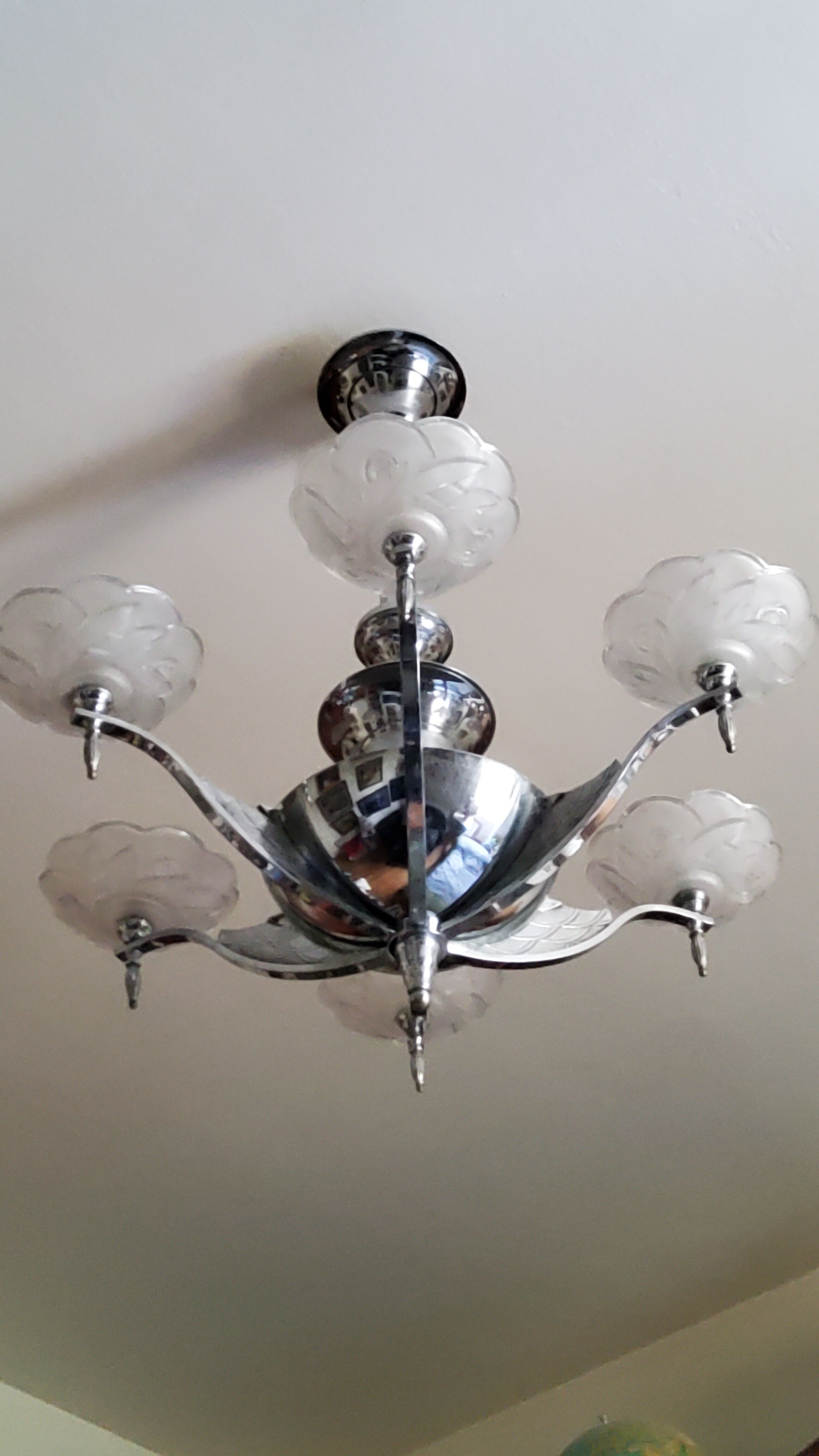 Art deco chandelier in chromed metal and glass 6 arms of lights