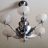 Art deco chandelier in chromed metal and glass 6 arms of lights