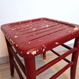 Antique square stool in red wood, workshop patina