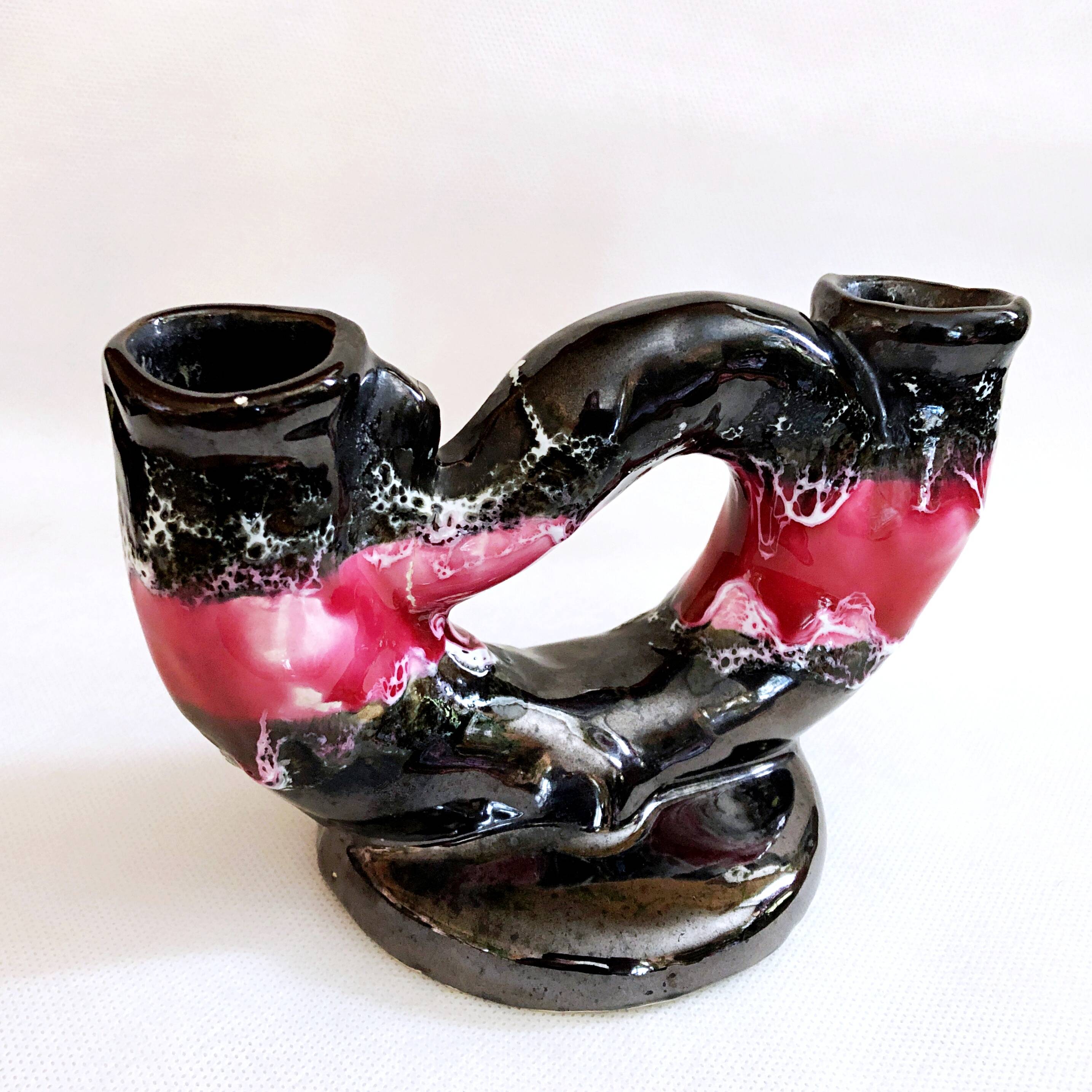 Vintage artisanal two-tone earthenware candle holder Vallauris France