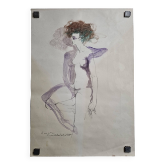 Original watercolor graphite sketch "the erotic dream" signed by Macel Charles Gaichet