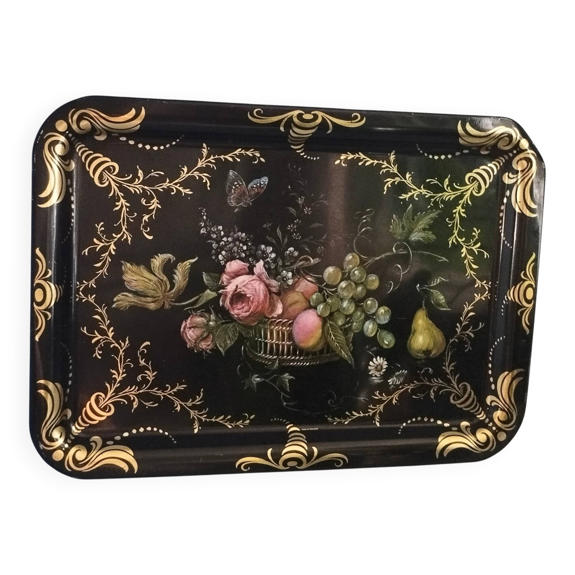 Large English tray painted with flowers and fruits.