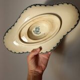 Old gravy boat on frame in terre de fer earthenware by gien, “chardons” model in blue-green