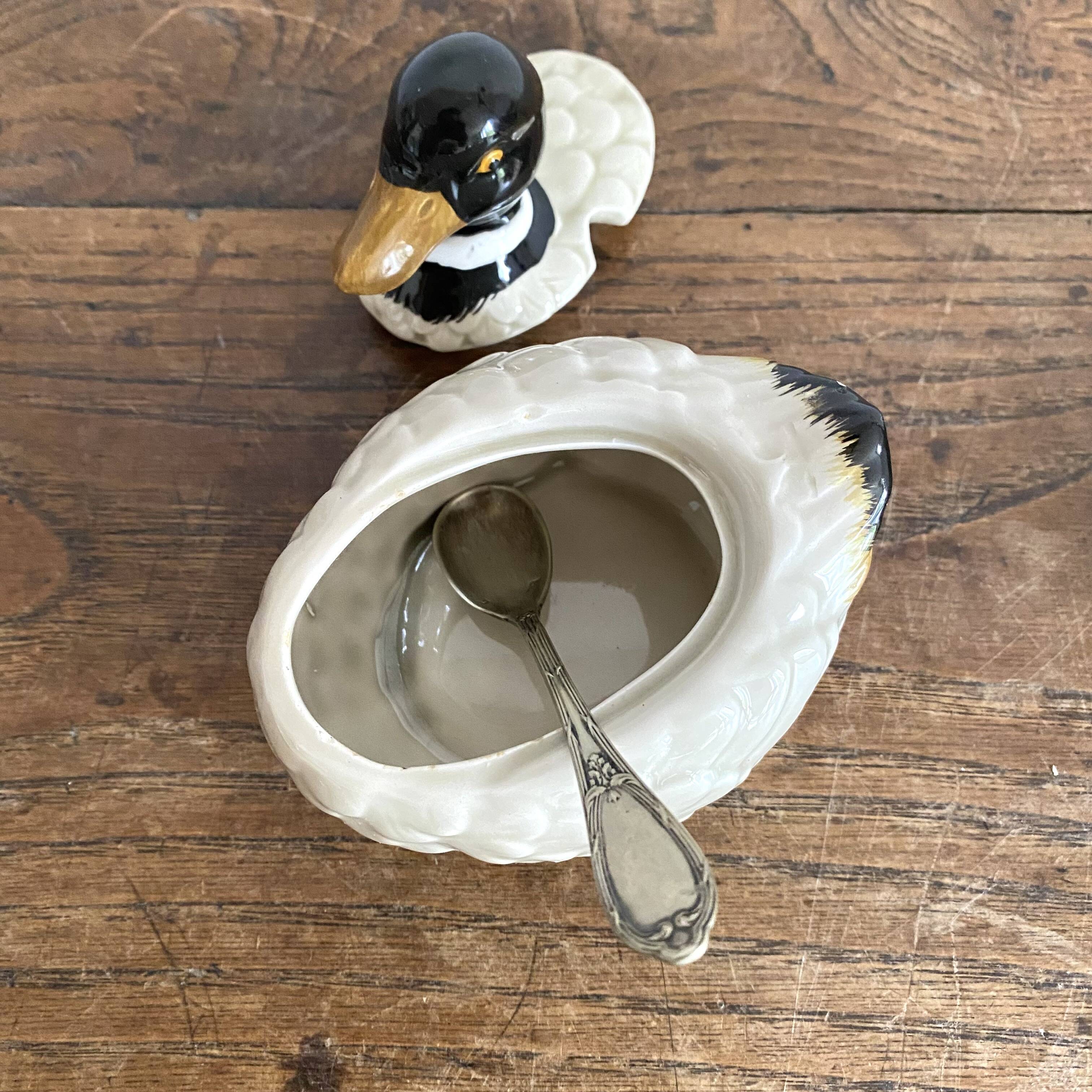 Duck in barbotine, sugar pot or zoomorphic mustard