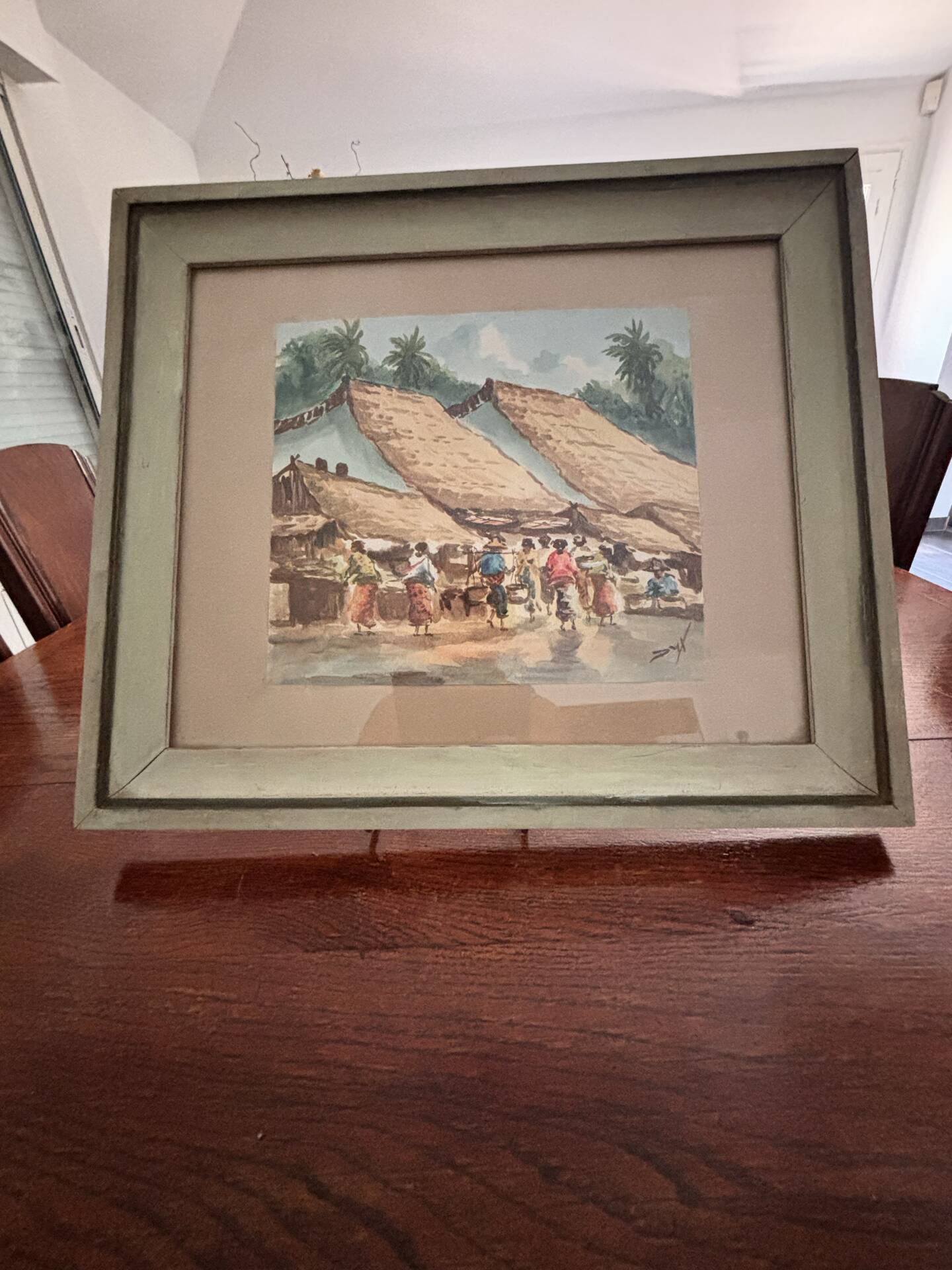 Aquarelle ancienne - Scène de Marché - École d'Indochine v. 1950