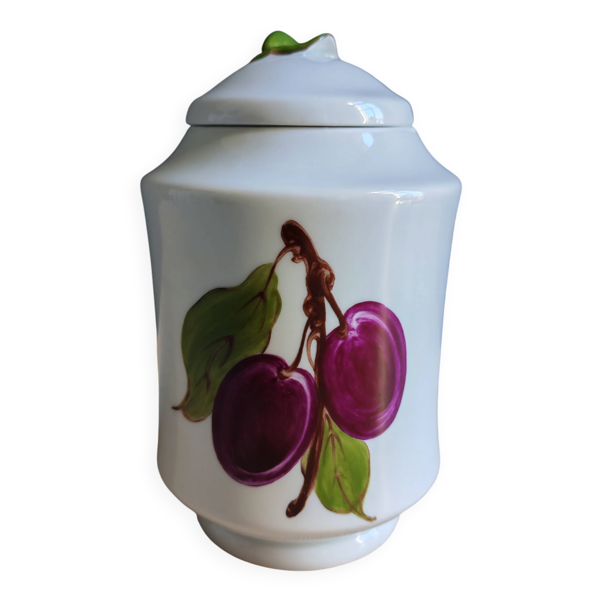 Porcelain jam pot with hand-painted plum design, signed sweet jar.