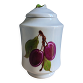 Bonbonnière, pot à confiture en porcelaine motif prunes peint main, signée