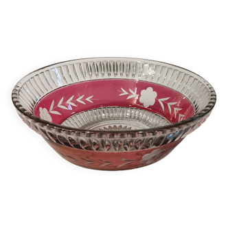 Old cranberry bohemian crystal salad bowl with vintage flower patterns. H 9cm D 25cm