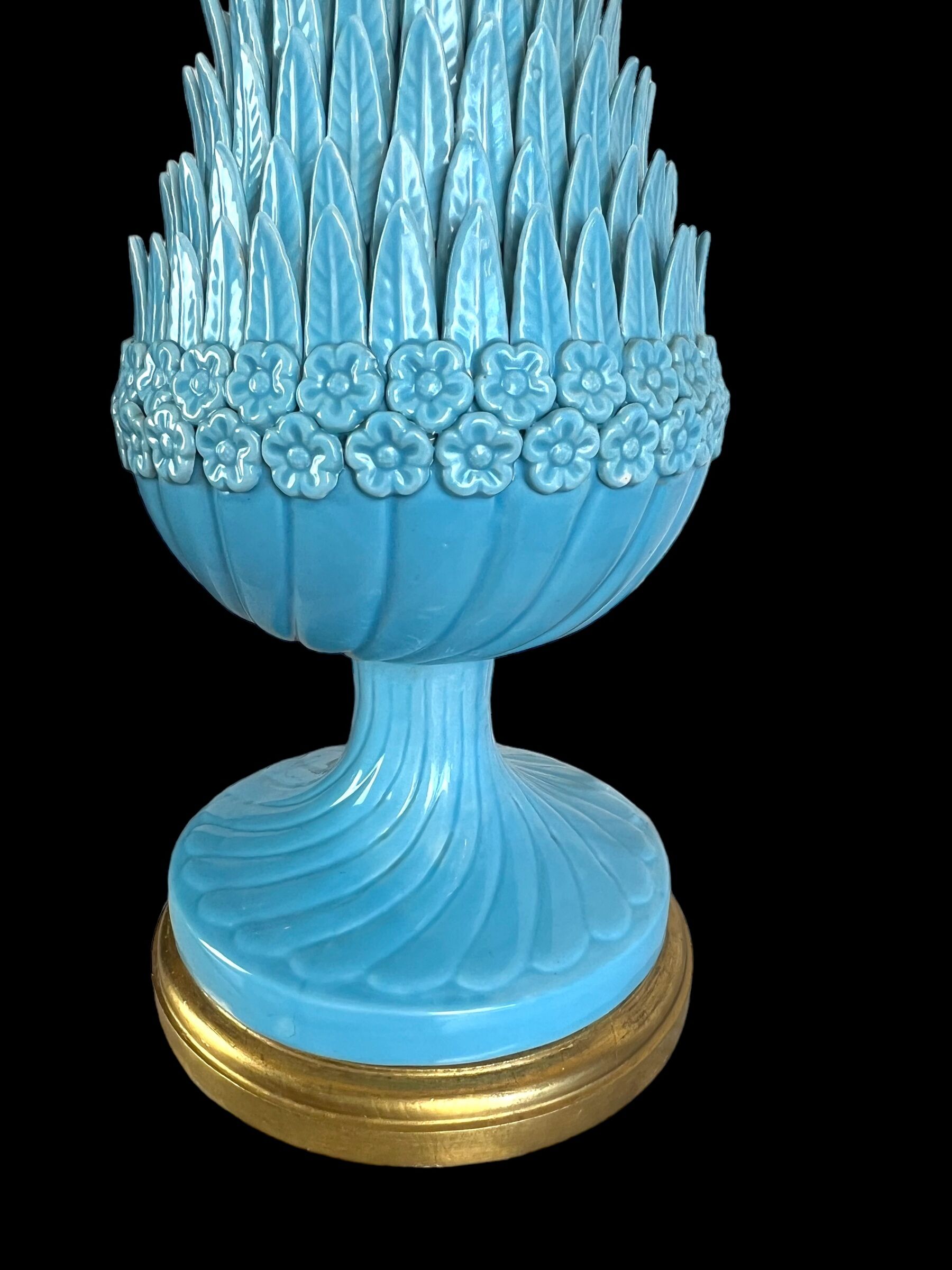 1.05 m pineapple lamp in turquoise ceramic on a gilded wooden base from the 1950s