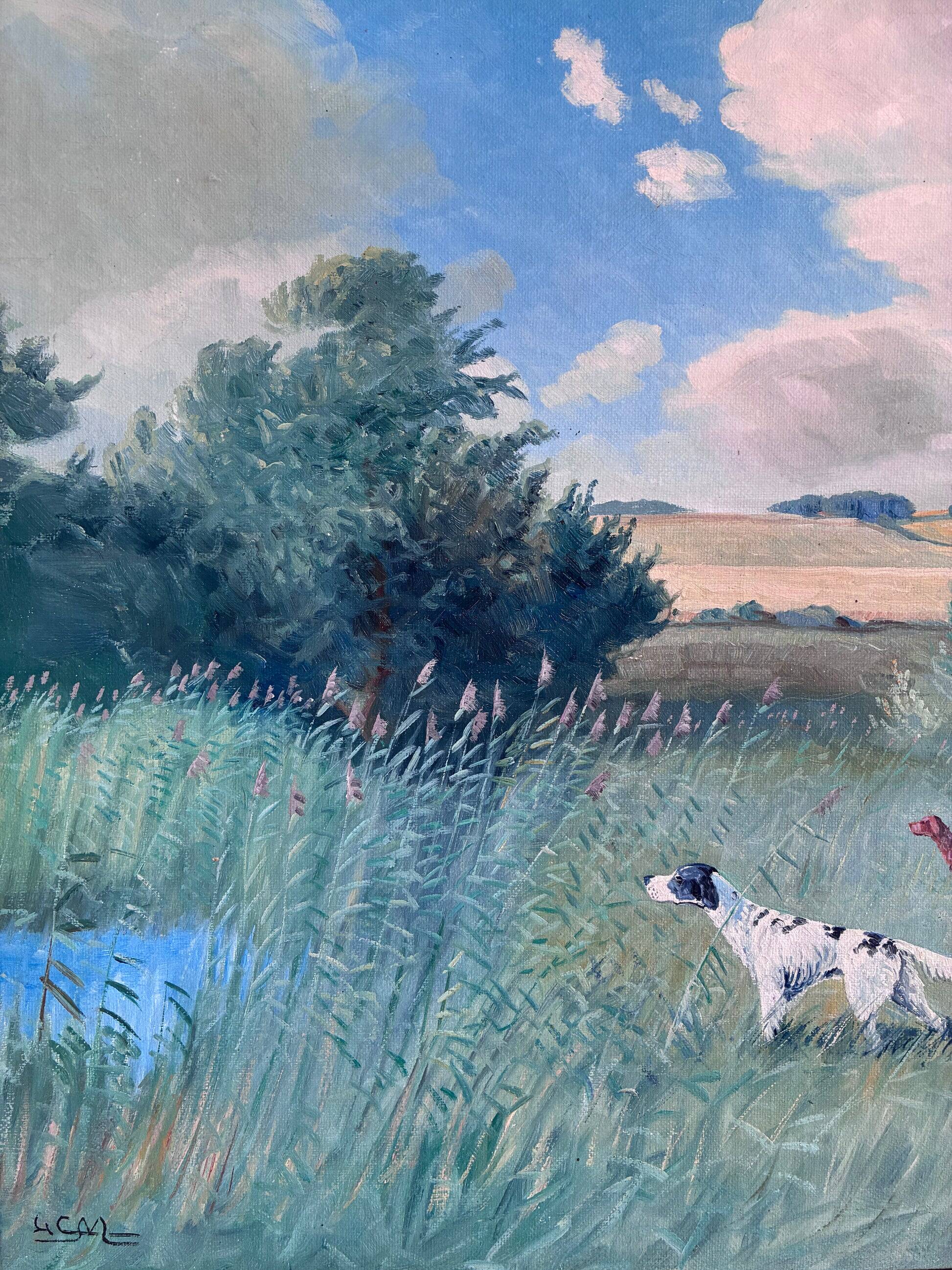 Large vintage original landscape dog oil painting