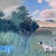 Large vintage original landscape dog oil painting