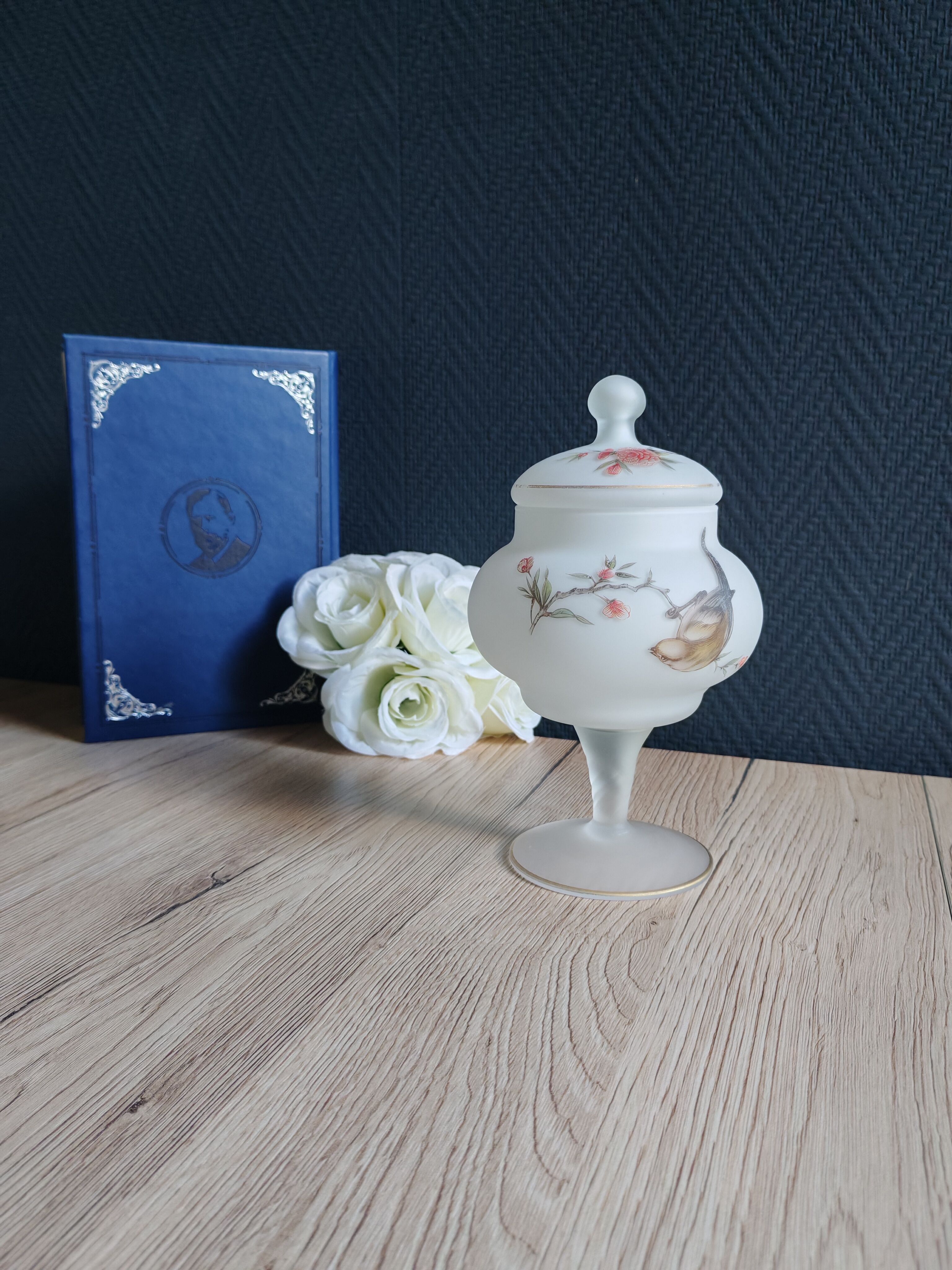 Vintage opaline glass footed bonbonnière