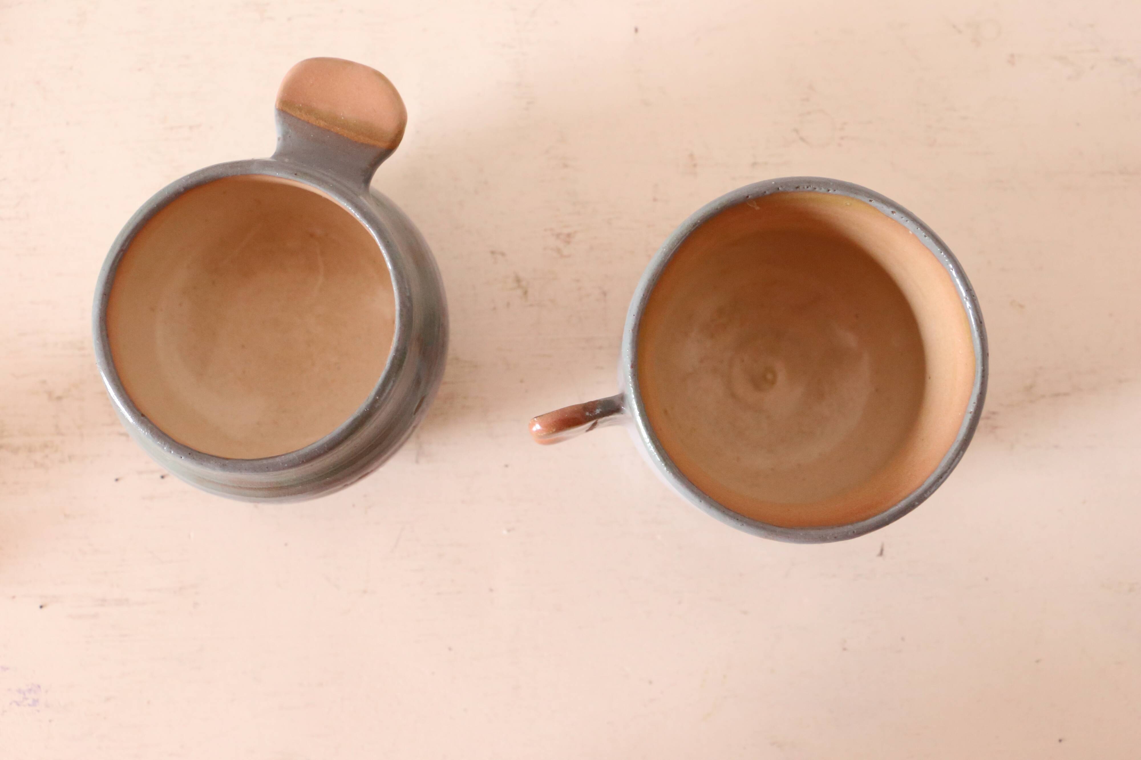 Set of 2 sandstone cups, artisanal pottery, vintage, 1980