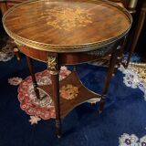Bouillotte table pedestal table with marquetry decoration and bronze ornaments in the Louis style