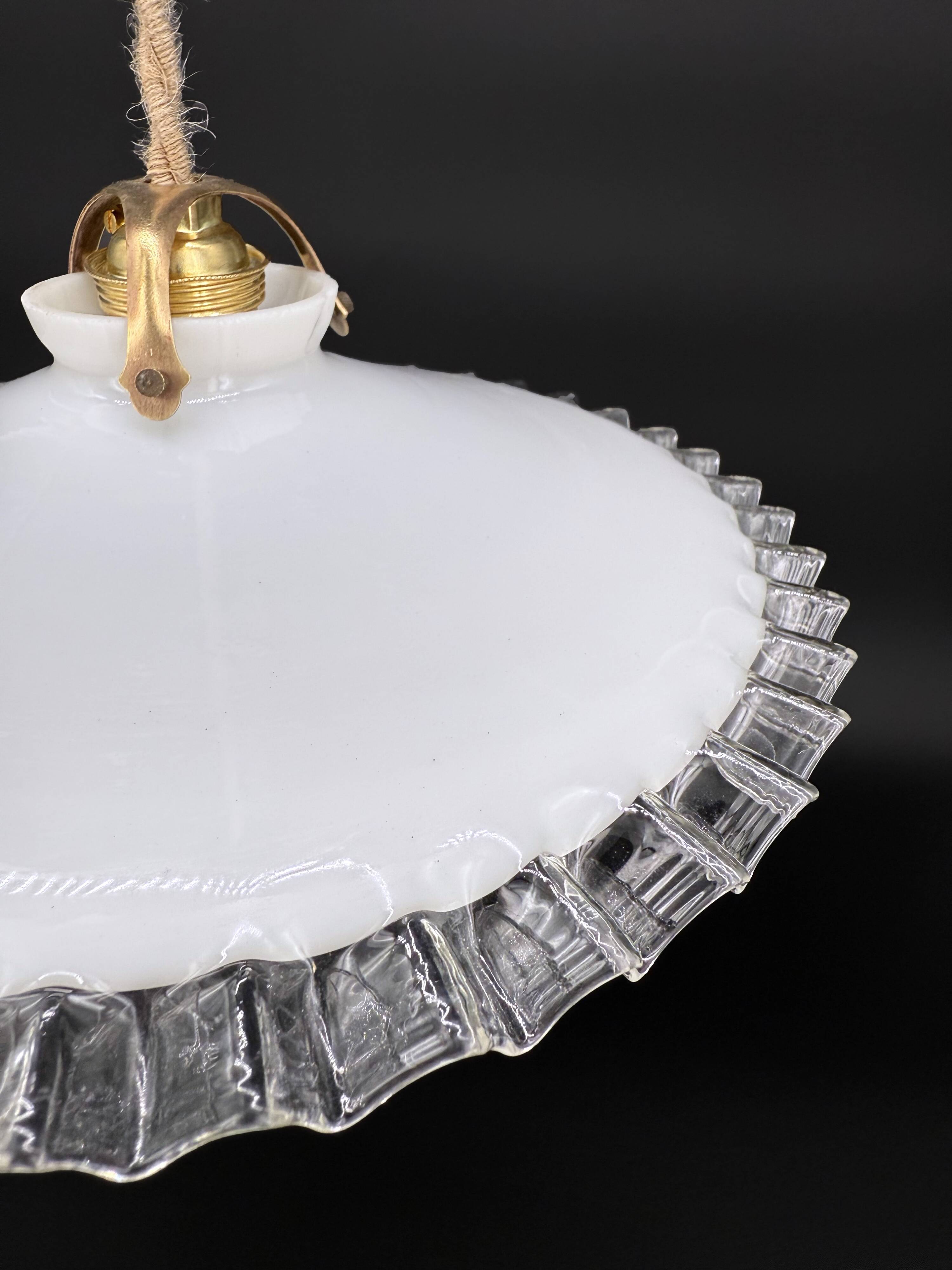 Vintage white opaline pendant light with scalloped edge – raffia and silk cable