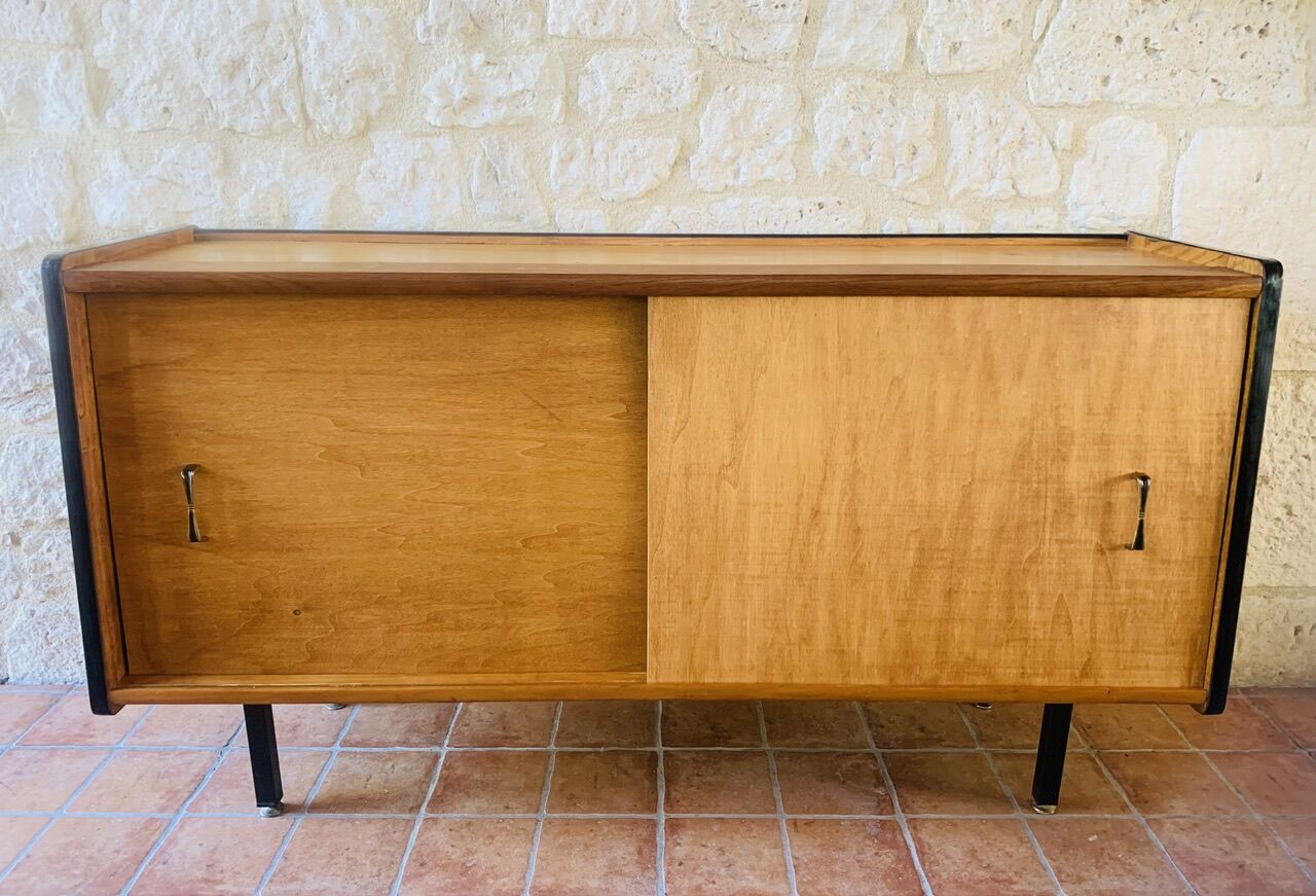 Small vintage row with sliding doors, metal legs Circa 50's