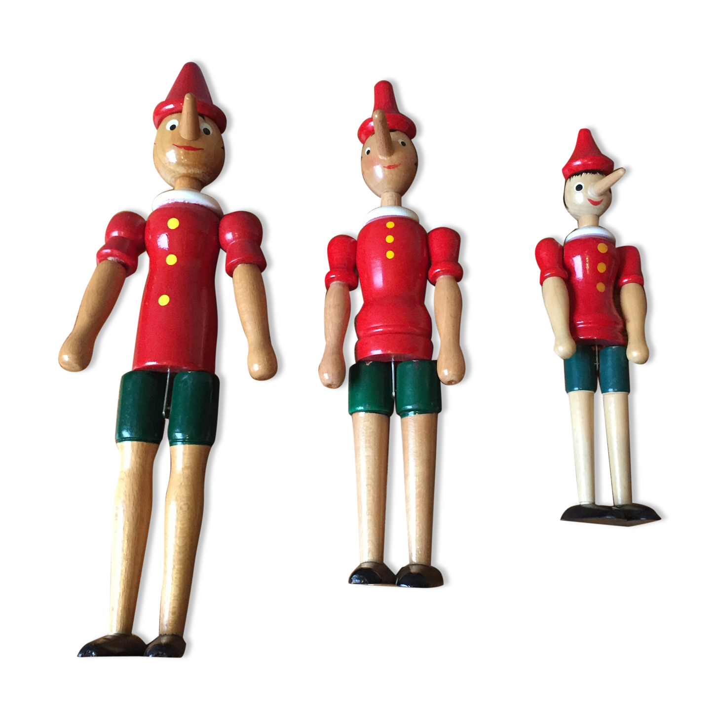 Trio of old wooden Pinocchio Made in Italy