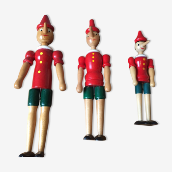 Trio of old wooden Pinocchio Made in Italy