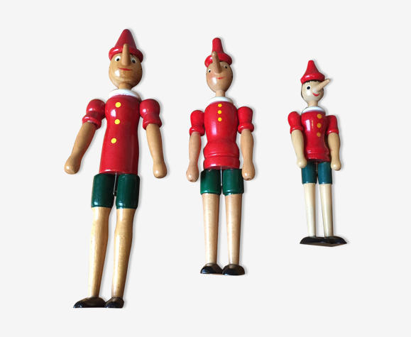 Trio of old wooden Pinocchio Made in Italy